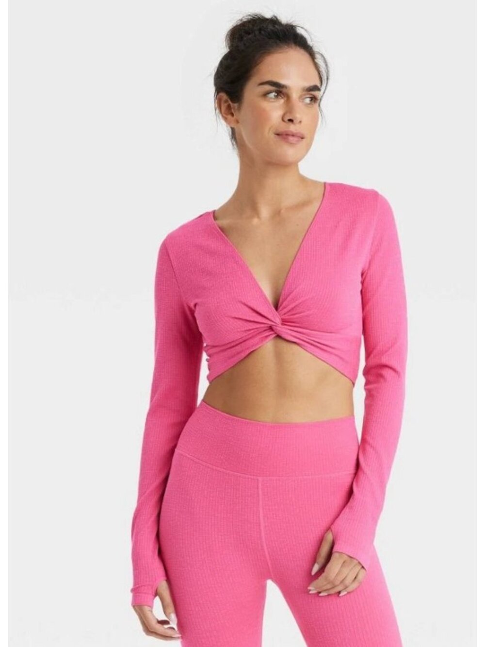 JoyLab Athletic Top Medium Ribbed Twist Front Long Sleeve Crop Top Pink Sporty